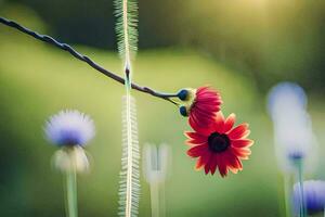 ein rot Blume ist Sitzung auf ein Ast im Vorderseite von ein Feld. KI-generiert foto