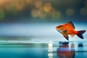 ein Fisch ist Stehen auf das Wasser mit ein hell Hintergrund. KI-generiert foto