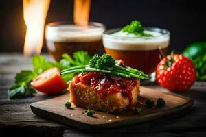 Essen auf ein hölzern Tafel mit zwei Brille von Bier. KI-generiert foto