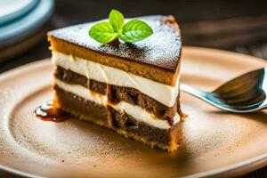 ein Scheibe von Kuchen auf ein Platte. KI-generiert foto