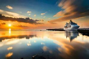 ein Kreuzfahrt Schiff im das Ozean beim Sonnenuntergang. KI-generiert foto