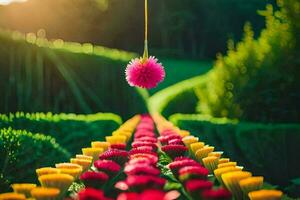 ein Rosa Ball hängend von ein Baum im ein Feld. KI-generiert foto