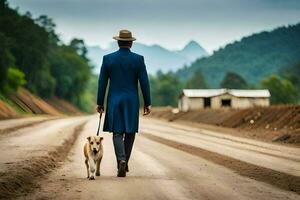 ein Mann im ein Blau passen und Hut Spaziergänge seine Hund Nieder ein Schmutz Straße. KI-generiert foto