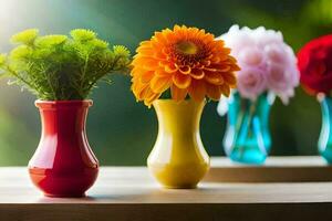 bunt Vasen mit Blumen auf ein Tisch. KI-generiert foto