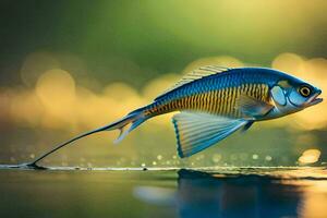 ein Fisch mit Blau und Gelb Flossen ist Schwimmen im das Wasser. KI-generiert foto