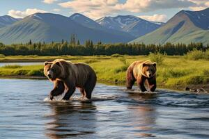 Entscheidung das Landschaft, braun Bären von Kamtschatka ursus Arctos Beringianus, Grizzly Bären auf das Fluss. Kamtschatka, ai generiert foto
