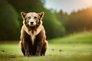 ein braun Bär Sitzung im das Gras. KI-generiert foto