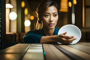 ein Frau Sitzung beim ein Tabelle mit ein Tasse von Kaffee. KI-generiert foto