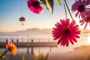 Foto Hintergrund das Himmel, Blumen, das Meer, das Strand, das Sonnenaufgang, das Himmel,. KI-generiert