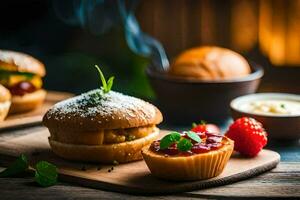 Foto Hintergrund Essen, das Essen, Erdbeeren, Nachtisch, Nachtisch, Essen, Essen, Essen,. KI-generiert