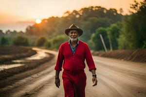 ein alt Mann im rot Gehen Nieder ein Schmutz Straße. KI-generiert foto