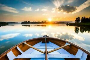 ein Boot auf das Wasser beim Sonnenuntergang. KI-generiert foto