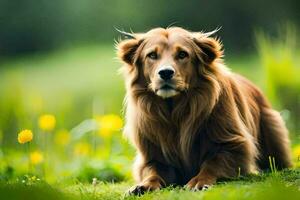 ein golden Retriever Sitzung im das Gras. KI-generiert foto