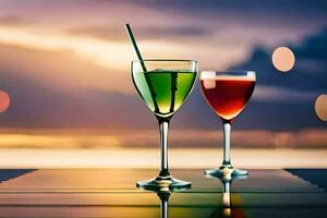 zwei Brille von Alkohol auf ein Tabelle mit ein Sonnenuntergang im das Hintergrund. KI-generiert foto