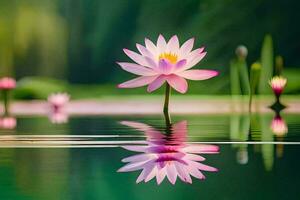 ein Rosa Lotus Blume ist reflektiert im das Wasser. KI-generiert foto