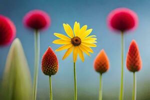 ein Gelb Blume ist Stehen im Vorderseite von rot Blumen. KI-generiert foto