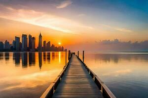 ein Seebrücke führt zu das Stadt Horizont beim Sonnenuntergang. KI-generiert foto