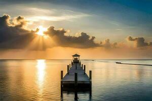 das Sonne scheint Über ein Dock im das Ozean. KI-generiert foto