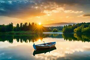 ein Boot ist schwebend auf das Ruhe Wasser beim Sonnenuntergang. KI-generiert foto