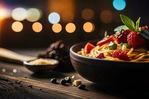 Spaghetti mit Erdbeeren und Basilikum auf ein hölzern Tisch. KI-generiert foto