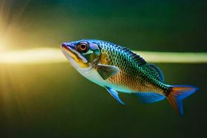 ein Fisch Schwimmen im das Wasser mit das Sonne leuchtenden. KI-generiert foto