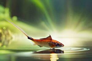 ein Fisch ist Schwimmen im das Wasser mit ein Sonne leuchtenden. KI-generiert foto