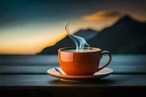 ein Tasse von Kaffee auf ein hölzern Tabelle mit Berge im das Hintergrund. KI-generiert foto