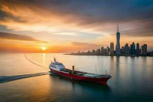 ein rot Ladung Schiff Segeln im das Ozean beim Sonnenuntergang. KI-generiert foto