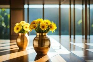 zwei golden Vasen mit Gelb Blumen Sitzung auf ein hölzern Boden. KI-generiert foto