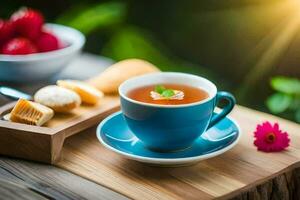 ein Tasse von Tee mit ein Scheibe von Brot und ein Erdbeere. KI-generiert foto