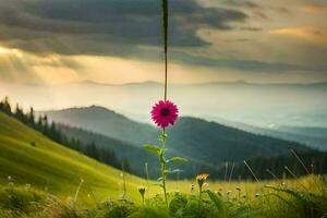 ein Rosa Blume ist Stehen auf ein Stock im das Mitte von ein Feld. KI-generiert foto