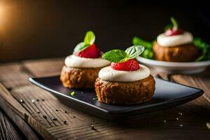 drei Mini Kuchen mit Erdbeeren auf ein schwarz Platte. KI-generiert foto