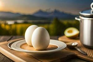 Eier auf ein Teller mit ein schwenken und ein Schüssel. KI-generiert foto