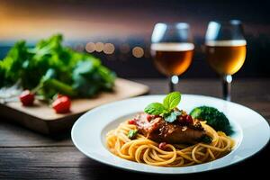 ein Teller von Spaghetti mit Fleisch und Gemüse auf ein Tisch. KI-generiert foto