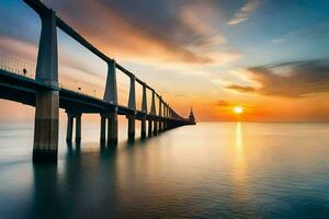 ein lange Exposition fotografieren von ein Brücke Über das Ozean. KI-generiert foto