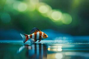 ein Fisch ist Stehen auf das Wasser mit ein Grün Hintergrund. KI-generiert foto