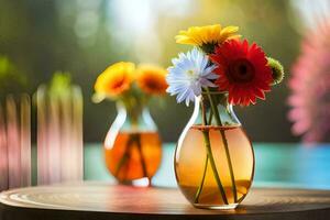 zwei Vasen mit bunt Blumen Sitzung auf ein Tisch. KI-generiert foto