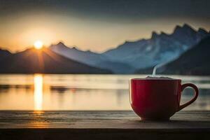 ein Tasse von Kaffee auf das Deck von ein Boot mit das Sonne Rahmen Über das See. KI-generiert foto