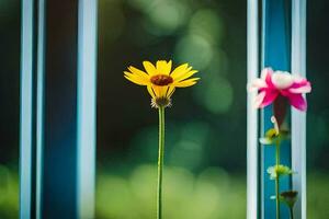 zwei Gelb Blumen sind Sitzung auf ein Fenster Schwelle. KI-generiert foto