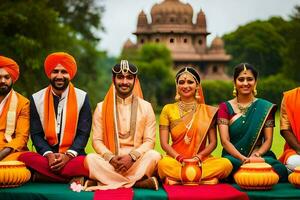 indisch Hochzeit Party im Orange und Gelb. KI-generiert foto