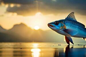 ein Fisch ist Stehen auf das Wasser beim Sonnenuntergang. KI-generiert foto