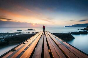 ein Person Stehen auf ein hölzern Seebrücke beim Sonnenuntergang. KI-generiert foto