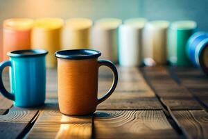 bunt Kaffee Tassen auf ein hölzern Tisch. KI-generiert foto