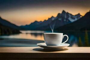 ein Tasse von Kaffee auf ein Tabelle im Vorderseite von ein See und Berge. KI-generiert foto