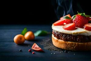 ein Kuchen mit Erdbeeren und Sahne auf oben. KI-generiert foto