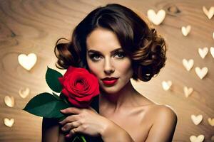 ein Frau halten ein rot Rose im Vorderseite von Herzen. KI-generiert foto