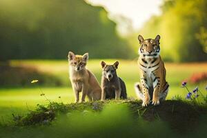 Foto Hintergrund das Tiere, Natur, Blumen, Gras, Tiere, Tiger, Fuchs, Füchse. KI-generiert