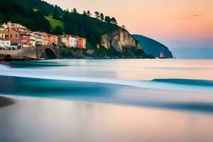 ein Strand mit Häuser und ein Brücke beim Sonnenuntergang. KI-generiert foto