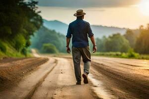 ein Mann Gehen Nieder ein Schmutz Straße beim Sonnenuntergang. KI-generiert foto