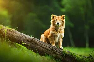 ein Hund Sitzung auf ein Log im das Wald. KI-generiert foto